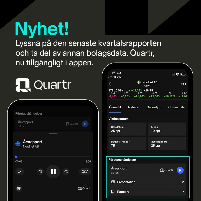 NordnetAxel's tweet photo. FREDAGSNYTT! 🔥

Nu är Quartr också tillgänglig i appen, så nu kan du ta med dig telefonen ut och lyssna på kvartalsrapporter på en promenad!

Både tillgängligt på iPhone &amp; Android. https://t.co/GAL4ibjVfW