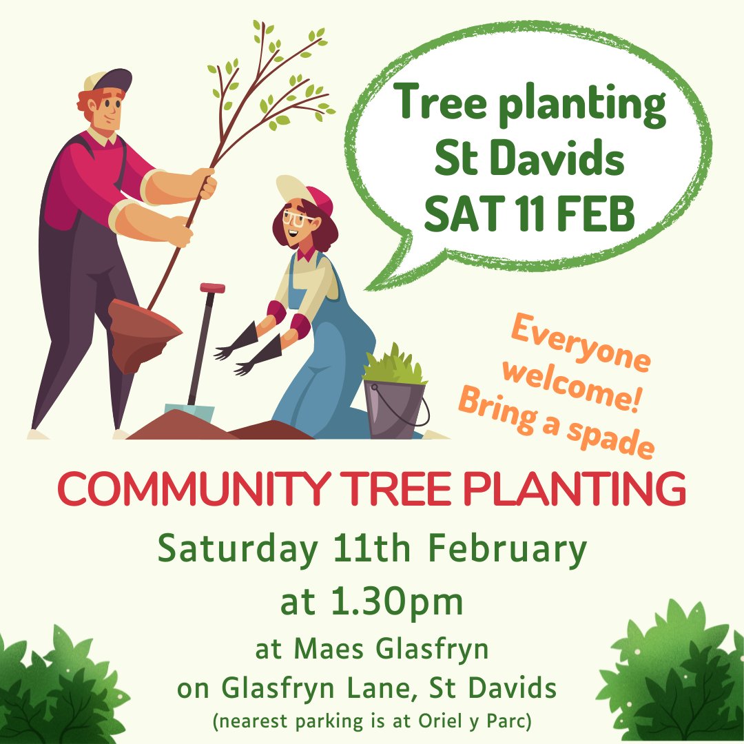 EcoDewiGroup's tweet photo. 📢Community tree planting this Sat 11th Feb at 1.30pm at Maes Glasfryn, Glasfryn Road in #stdavids for a couple of hours. Everyone welcome but please bring a spade & gloves! Spread the word! 💚🌱🌳
#pembrokeshire #stdavidscity #treeplanting #nature https://t.co/P9el9igxDb
