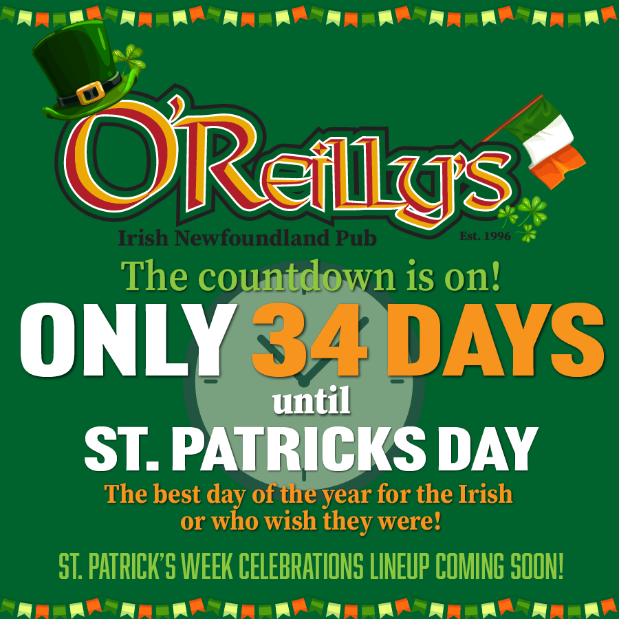oreillys_pub's tweet photo. Only 34 days!🍀

#stpatricksday #34 #downtownstjohns #georgestreet https://t.co/UWBCgBAqFy