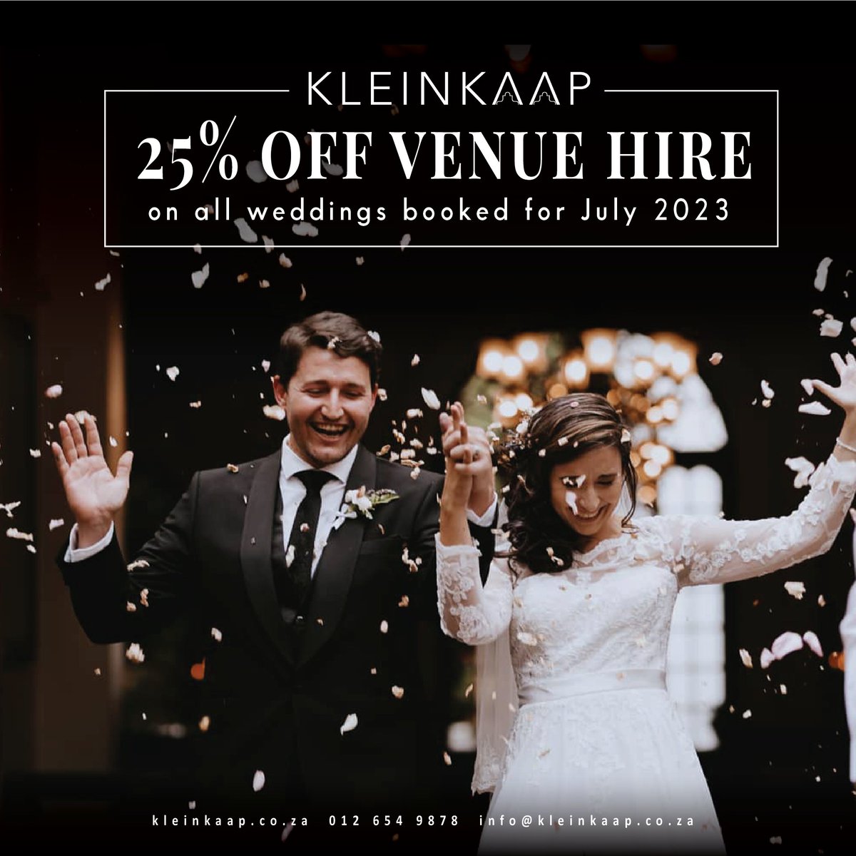 Receive 25% off venue hire on all wedding dates booked for July 2023.
Get in touch with our wedding coordinators at info@kleinkaap.co.za to start your whimsical winter wedding planning.