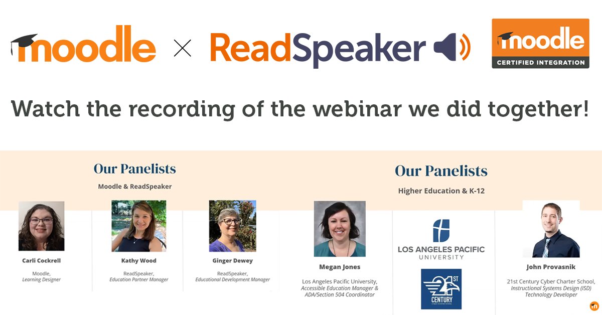ReadSpeaker's tweet image. We’re excited to share with you all the recording of our webinar from last Tuesday, hosted by @Moodle! 
Link: buff.ly/3YmwhDu 

@LapacificU and @21CyberSchool also joined the conversation and explained why they became proactive on #Accessiblity, #UDL, and #TextToSpeech !