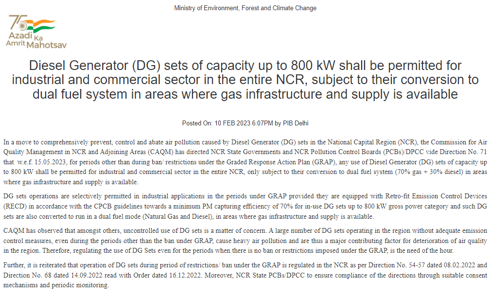 Diesel Generator sets of capacity up to 800 kW shall be permitted for industrial…