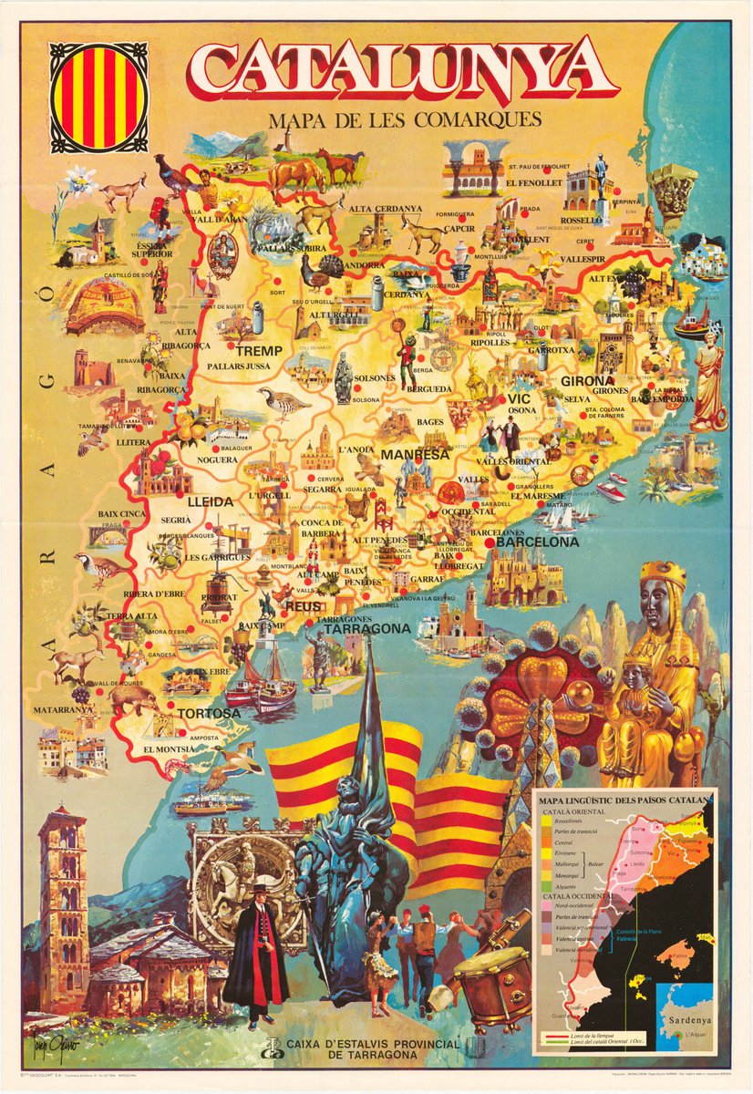 efemarq's tweet image. De quan les caixes d'estalvi donaven coses: mapa de 1977 de les comarques de Catalunya, proveït per la Caixa d'Estalvis de Tarragona, amb molts detalls culturals, artístics, paisatgístics i de fauna i flora d'arreu del Principat. Presidit per la Moreneta i amb un mapa dialectal.