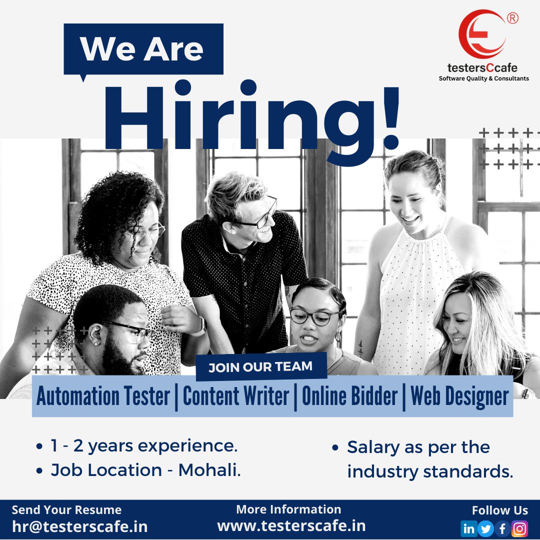 TestersCcafePvt's tweet photo. We're Hiring!
Post:
QA -Automation Tester
Content Writer
Online Bidder
Web Designer
Send your CV's to hr@testerscafe.in
#testersCcafe #Softwaretesting #CHANDIGARH #mohali #Automationtester #webdeveloper #contentwriting #Onlinebidder #hiring #NewVacancies #ApplyNow #tcc https://t.co/zw1pbpquy4
