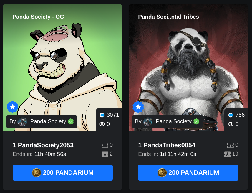 PandaSocietyNFT's tweet photo. Have you entered our latest @PandaSocietyNFT Labs by @MutantNFTs Raffles?
Tickets 200 $PANDARIUM
You've got to be in it to Win it!
https://t.co/XK4UmByl6Q
#Raffle #LFPanda #PandaArmy #ShogunArmy #ElementalTribes https://t.co/fwpetW7EEl