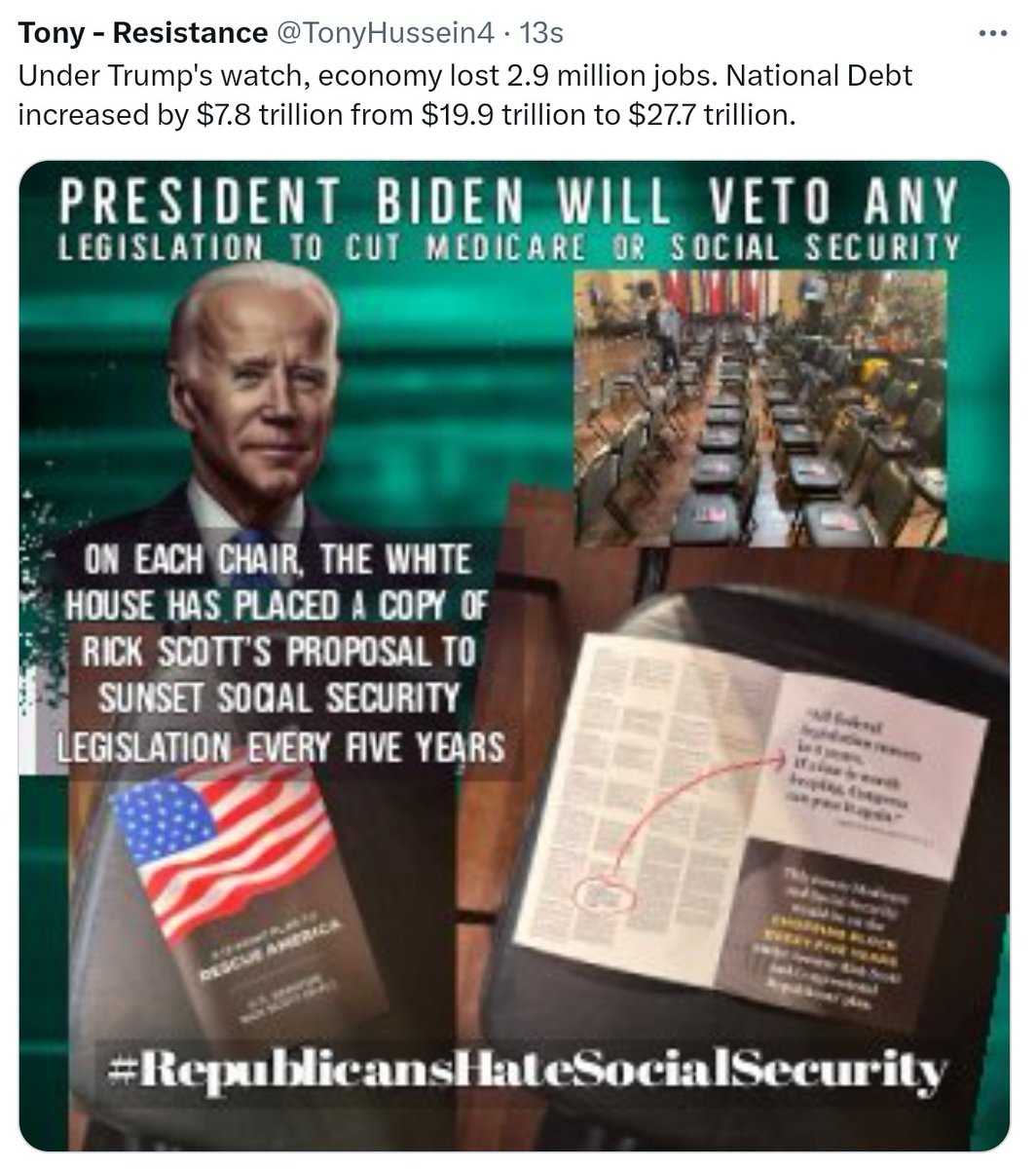 TonyHussein4's tweet image. Congratulations Joe Biden for creating a total of 12 million jobs in just 2 years. Thank you President Biden for promising to protect Social Security and Medicare and Medicaid. Republicans Rick Scott, Ron Johnson &amp;amp; Mike Lee have threatened to gut/end SS and Medicare and Medicaid.