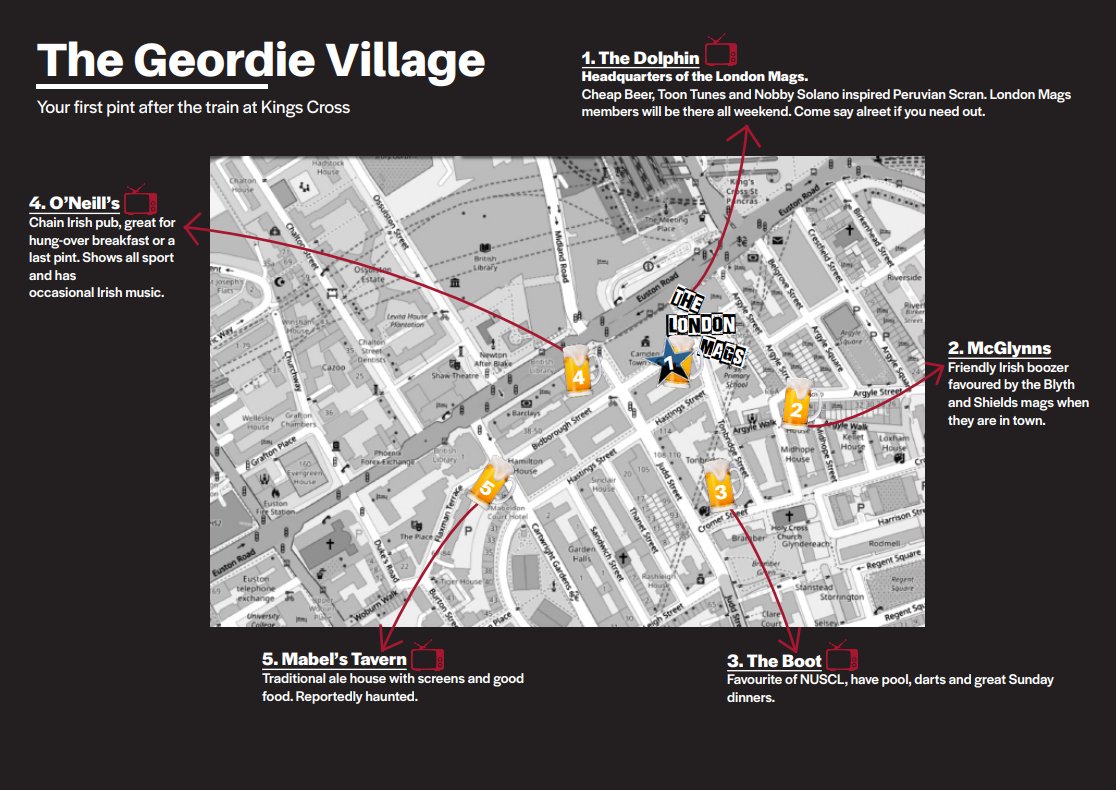 Introducing.. THE GEORDIE VILLAGE 

4 x regular away day haunts for the mags, all within yards of each other, right next to KX station. The perfect meeting point. 

The Dolphin will be <a href="/thelondonmags/">Newcastle United Supp. Club London</a> official HQ for the weekend operating a stand as an information point 👋