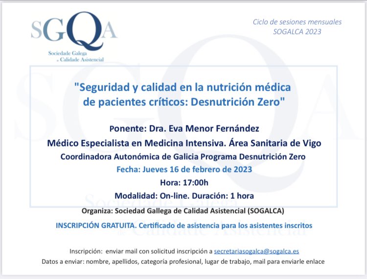 16/02/23 🕔 17:00h  Os esperamos en la conferencia sobre Desnutrición Zero en pacientes críticos, programa de indudable repercusión en la salud y supervivencia de los pacientes. Inscripción gratuita. #Calidad #Seguridad