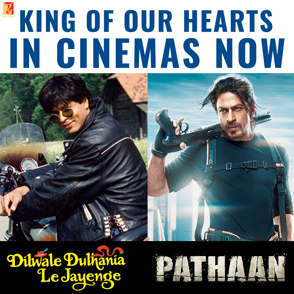 yrf's tweet photo. King then… King now! 👑 
Catch #DDLJ and #Pathaan at cinemas near you this Valentine’s week! 
Book your tickets for DDLJ here - https://t.co/0tbSwwC8vw | https://t.co/Nhp0L79gwl 
Book your tickets for Pathaan now - https://t.co/SD17p6x9HI | https://t.co/VkhFng6vBj https://t.co/ApBTkjBpEW