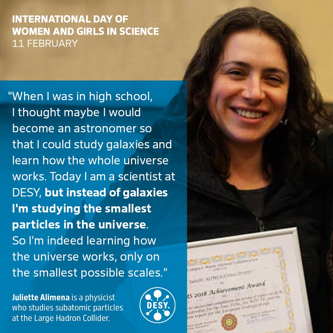 desynews's tweet photo. Juliette Alimena studies the smallest things in the Universe—subatomic particles—to find out how the big things—galaxies, the whole Universe—work. She is a #particlephysicist at DESY working on the @cmsexperiment at @cern. #particlephysics. #research #stem #WomenInScience https://t.co/V8XLfWxjhk