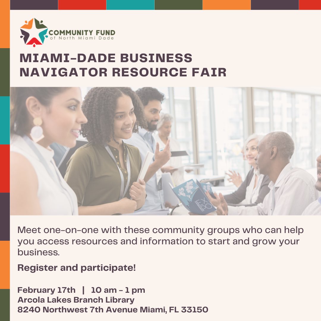 TenNorthCommFnd's tweet photo. Meet one-on-one with @miamidadebiznav groups and other small business organizations who can help you access resources and information to start and grow your business. Register and participate! #Smallbusinessloan #Smallbusinessfinancing #businessfunding #southflsmallbiz #cfnmd https://t.co/7pdyqXPyBk