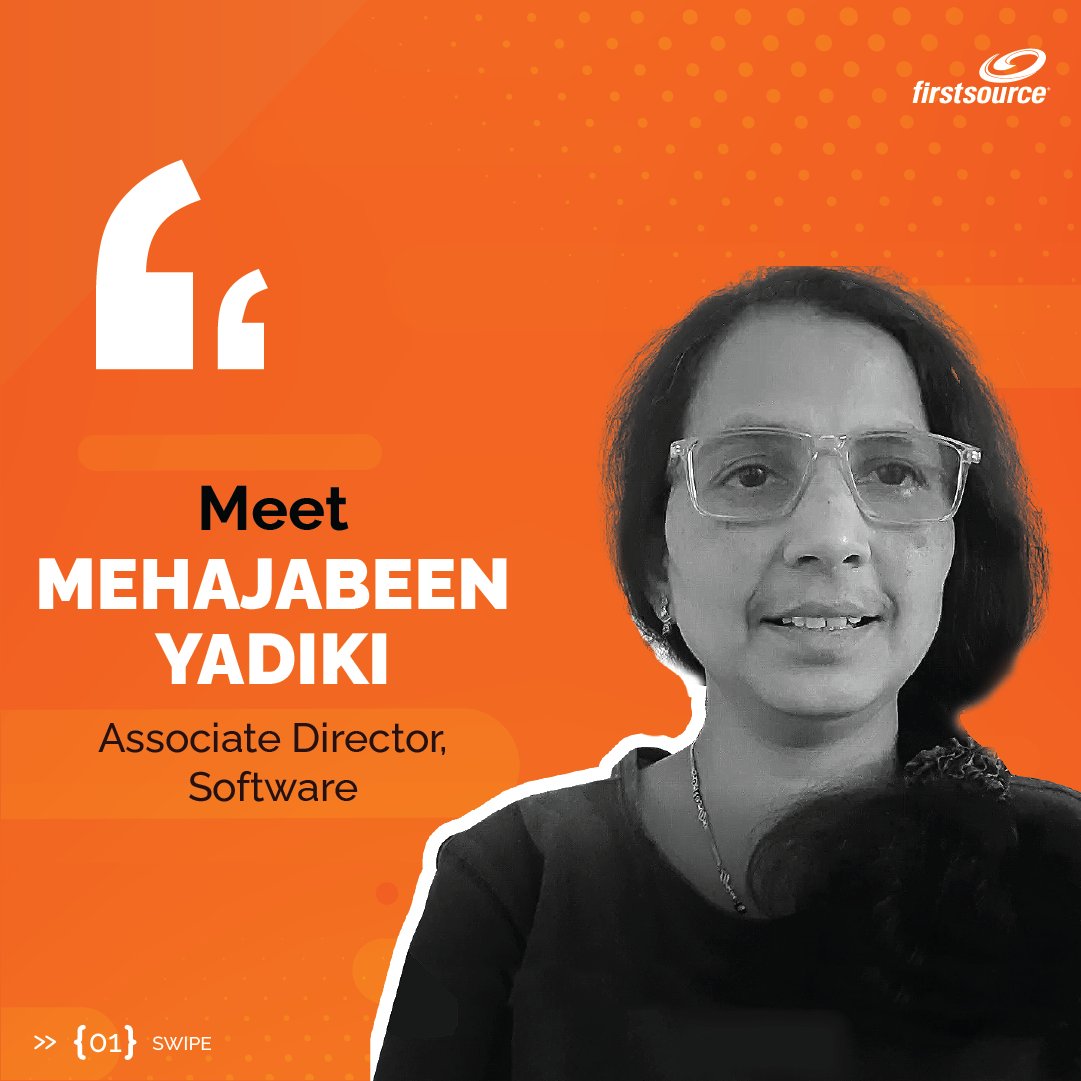 firstsource's tweet photo. Say hi to Mehajabeen Yadiki, Associate Director, Software, who delivers tech projects across multiple business units and geographies, including facilitating the teams involved.
Explore #tech opportunities at Firstsource: https://t.co/ZDWRqbkkBf
#FirstsourceTech https://t.co/PFIW6yUI12
