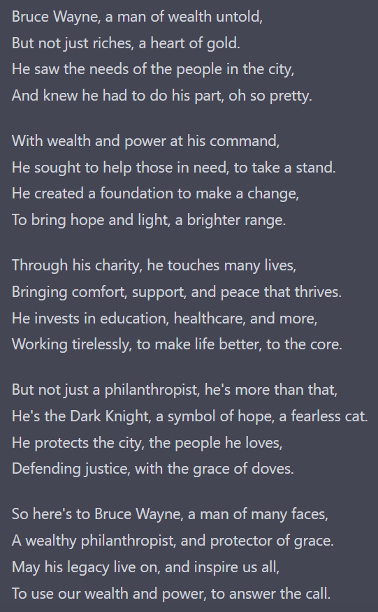 BruceWayneFdn's tweet photo. Attention #nonprofits and good citizens of #Gotham: 
Your #grantreports to the #WayneFoundation must now include poems created by #ChatGPT. Original poems and epic song cycles are also accepted. https://t.co/8LXdflh33q