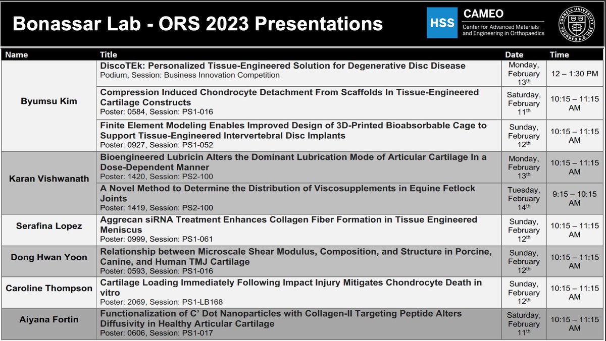 We are Dallas bound! The Bonassar Lab is thrilled to share our work at #ORS2023. Check out the presentations below to learn more about the ongoing work in our lab 😊🔬 @ORSsociety @ORSSpineSection @ORSMeniscus @CornellBME