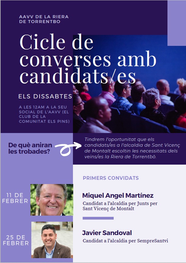 avvtorrentbo's tweet photo. Demà, de l'avv, realitzem la 1a trobada del cicle de converses que, en les properes setmanes, mantindrem amb les candidatures electorals a l'alcaldia de #svmontalt. 
Demà el candidat per @Juntsxsvm, en Miquel Angel Martinez (@angel_camarasa)
Us hi esperem! https://t.co/3RdTlXv47Q