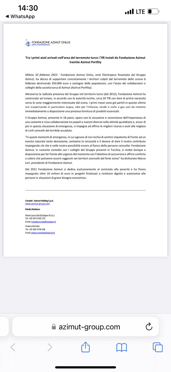 Azimut Vakfı (Fondazione Azimut);  deprem bölgemize 350.000 Euro tutarında yardım gönderiyor.