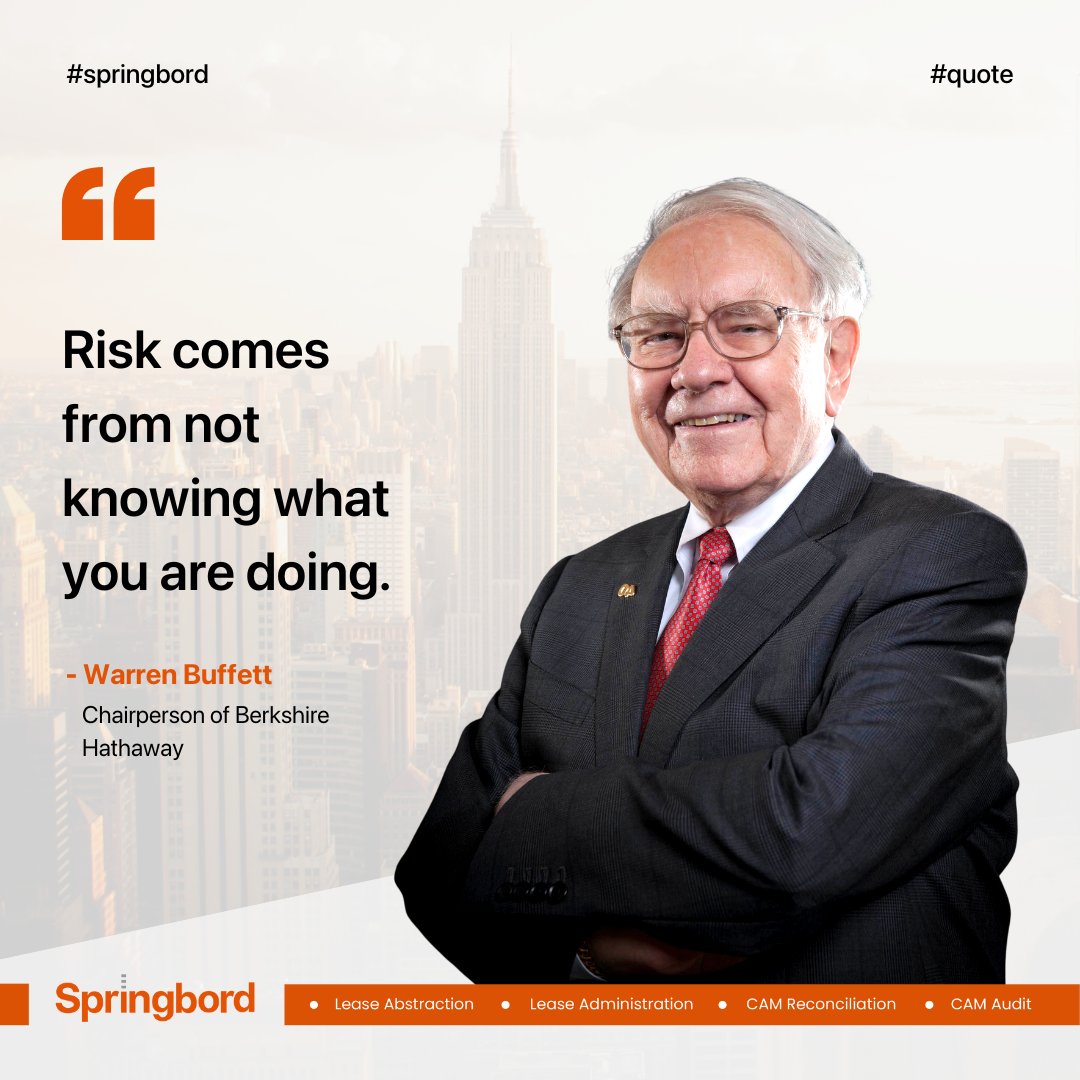 RE_DataProvider's tweet image. #fridayquotes #quotefortheday #WarrenBuffett
.
.
.
“Risk comes from not knowing what you are doing.”  – Warren Buffett
.
.
.
#Springbord #CommercialRealEstate #Lease #Abstraction #Administration #Management #CAM #Reconciliation #Audit #Property #Accounting #Services #Outsourcing