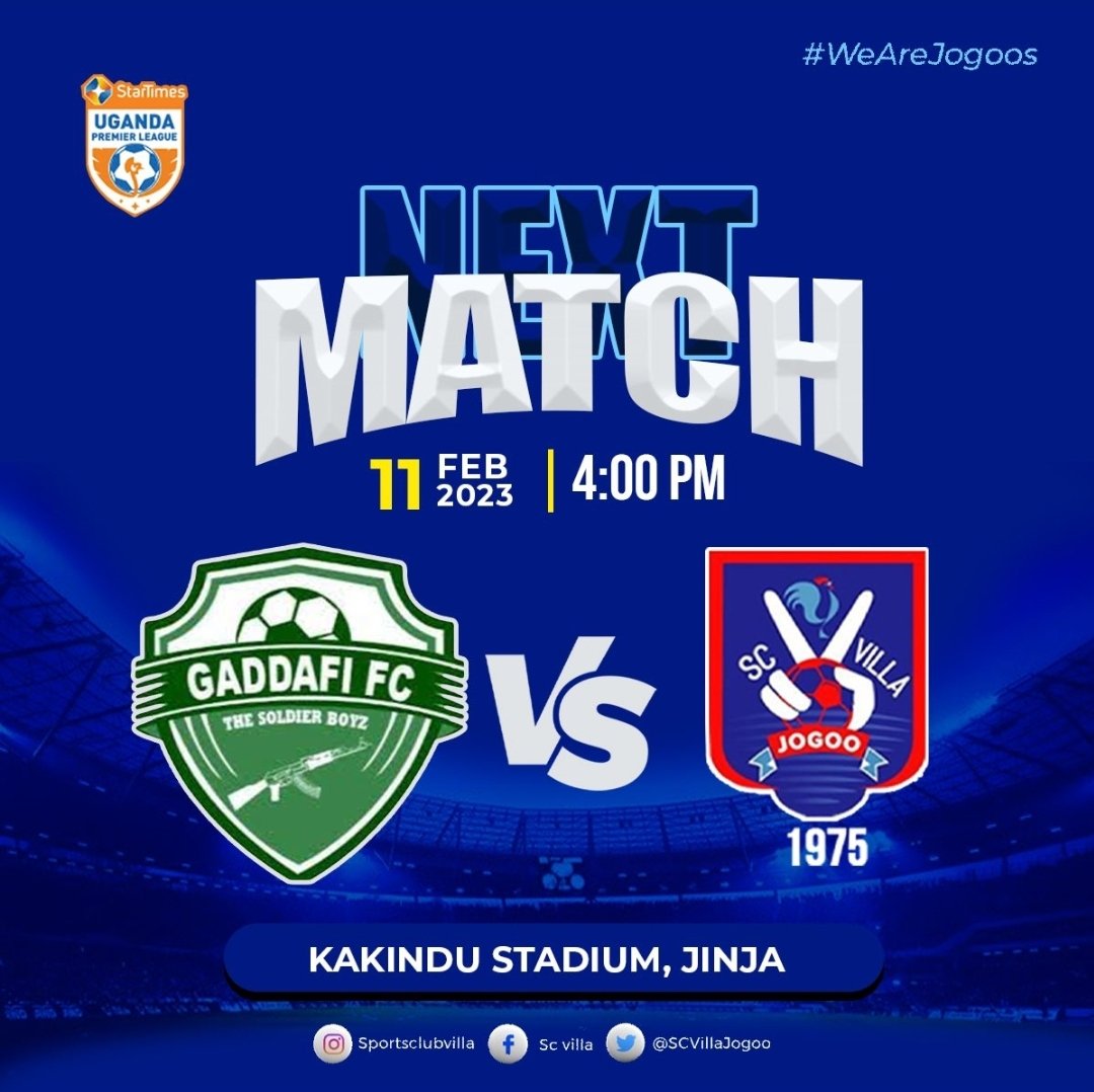 The jogoos are back in action tomorrow in Jinja. Come see us take down Gaddafi in their own backyard. Abasoga mwena mwena tulikwida enkyo. Mwide muboone <a href="/SCVillaJogoo/">SC Villa</a> ssalongo Jogoo. <a href="/BenMisagga/">MMJ  Immanuel Ben Misagga</a> <a href="/mnamanya/">Mark Namanya</a> <a href="/MosesMagogo/">Moses Hassim Magogo</a>