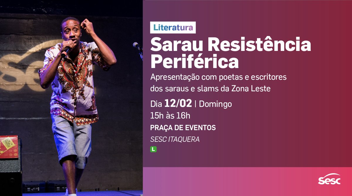 Esse #domingo tem #sarau no #SescItaquera!
A partir das 15h, microfone aberto aos poetas, escritores e pra você também!
#ZonaLeste #Itaquera #Slam