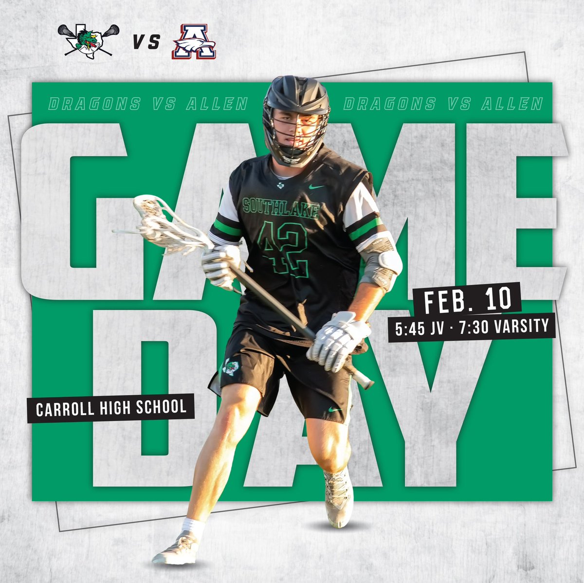 SCLADragonLax's tweet photo. 🥍🥍 GAMEDAY 🥍🥍

Dragon Lacrosse 🆚 Allen
🗓️ Friday, Feb. 10
⌚️ JV 5:45 • Varsity 7:30pm
📍 Carroll High School
🎟️ &amp; 📺 https://t.co/wKOreF3BV6

#gameday #jvlacrosse #varsitylacrosse #dfwlacrosse 

@Carrollisd @CABCSLC @SLCAthletics @AllenEaglesLax @jackmanero1 https://t.co/wOm7tA0PSQ