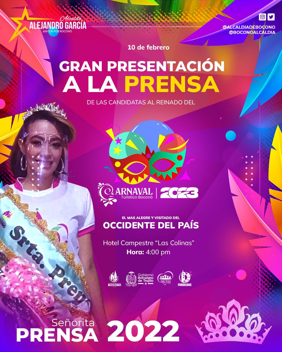 BoconoAlcaldia's tweet photo. Hoy #10Feb será la presentación a Oficial a la Prensa de las 14 bellas boconesas del Reinado del #carnaval2023 @alejandro_gc23 trabaja Juntos por Boconó. https://t.co/TMlVfnBPxe