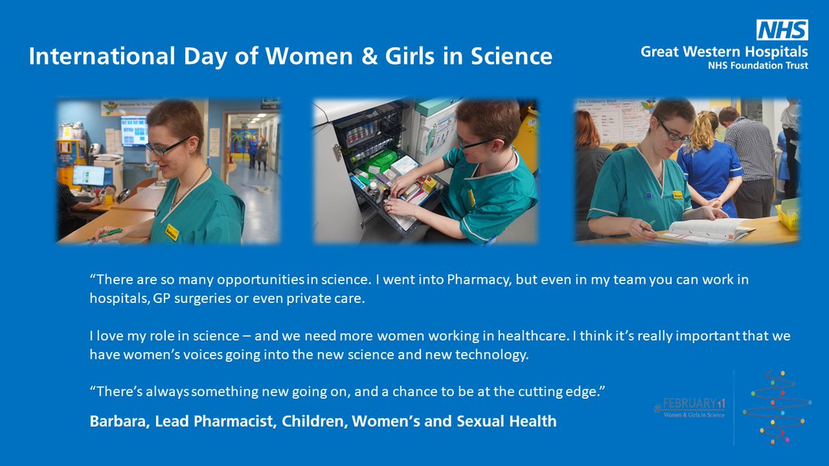 GWH_NHS's tweet photo. Today we're celebrating the #WomenInScience who do such great work for us.

Without them, we wouldn't be able to deliver the very best care to our patients.

They include Barbara, from our Pharmacy team 👇 https://t.co/t2S4FoJnva