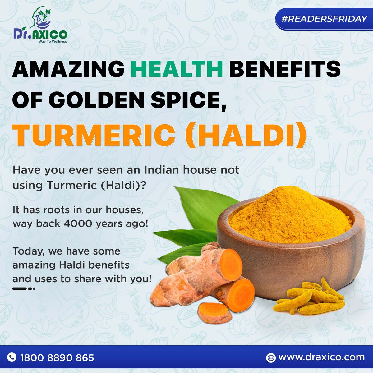 doctoraxico's tweet photo. #ReadersFriday | Amazing Health Benefits of Golden Spice, Turmeric (Haldi)
.
Today, we have some amazing Haldi benefits to share with you!
.
Link: https://t.co/cc16pcQ7zp
.
#draxico #ayurveda #readersfriday #haldibenefits #haldi #haldirasam #benefitsof haldi https://t.co/UlTaeWreyu