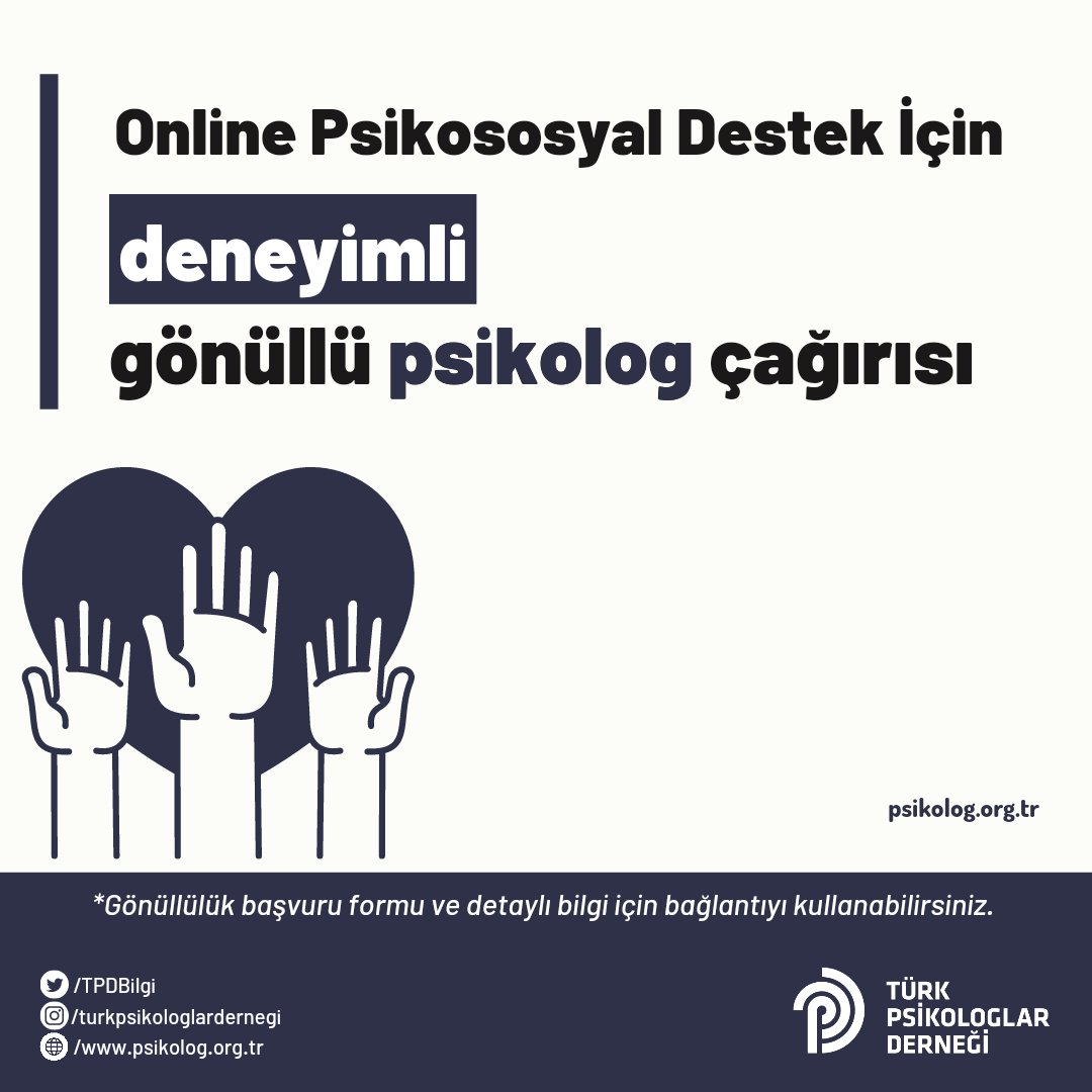 TPDBilgi's tweet photo. Türk Psikologlar Derneği tarafından, depremzedeler için oluşturulacak online psikolojik destek platformumuz için, psiko-sosyal destek konusunda deneyimli psikolog gereksinimindeyiz. Online olarak çalışmak isteyen ilgili psikologlar başvuru formunu doldurabilirler. 
(1) https://t.co/ueOt9L1SNd