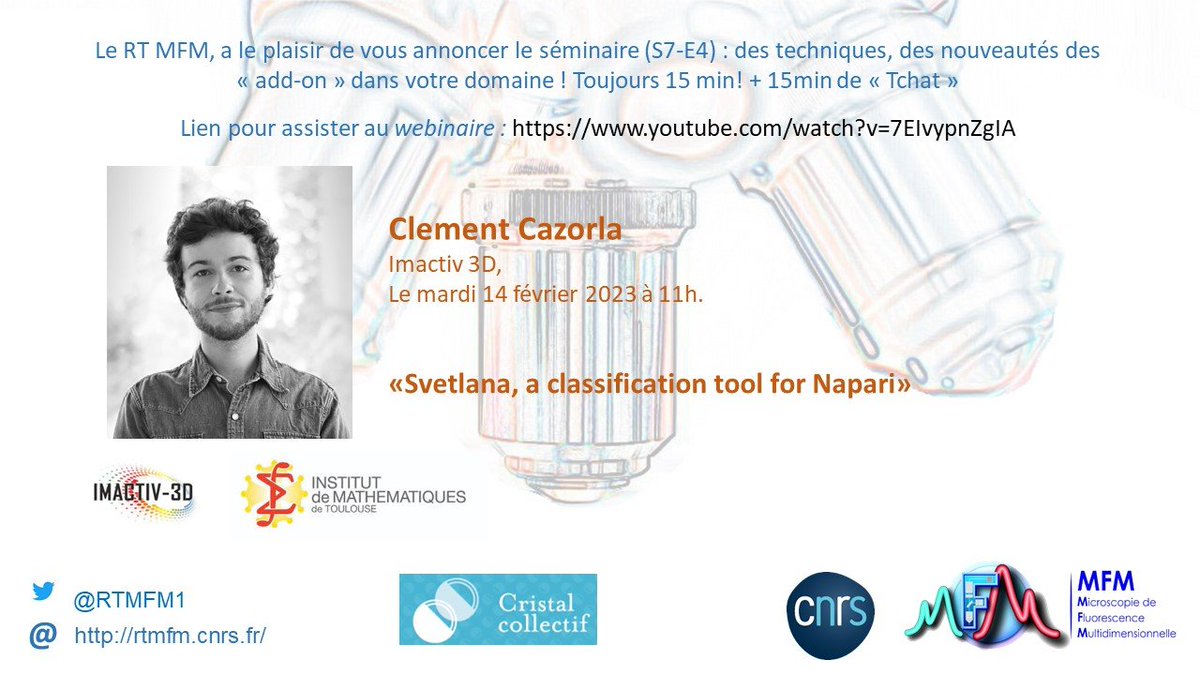 MRtmfm's tweet photo. Bonjour,

Les "petits webinaires du RTmfm" (S7-E4)  :  le mardi 14 février vous proposent d’écouter en webinaire:

Clément Carzola, Sté Imactiv-3D à Toulouse et toujours à 11H :

     "Svetlana A classification tool for Napari"

Lien :https://t.co/2PbWKWD1Zv https://t.co/os2l0vNTyp