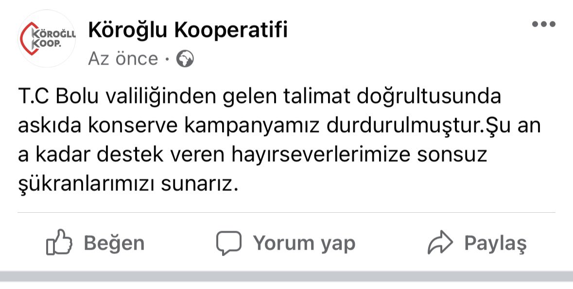 Bolu Köroğlu Kooperatifi tarafından depremzedelerimize göndermek için düzenlenen ”askıda konserve” kampanyası Bolu Valiliğinin tehdit ve talimatları doğrultusunda durdurulmuştur. Sebebini merak eden vatandaşlarımız 0374 215 10 10 ‘u arayarak Bolu Valisi Erkan Kılıç’a sorabilirler
