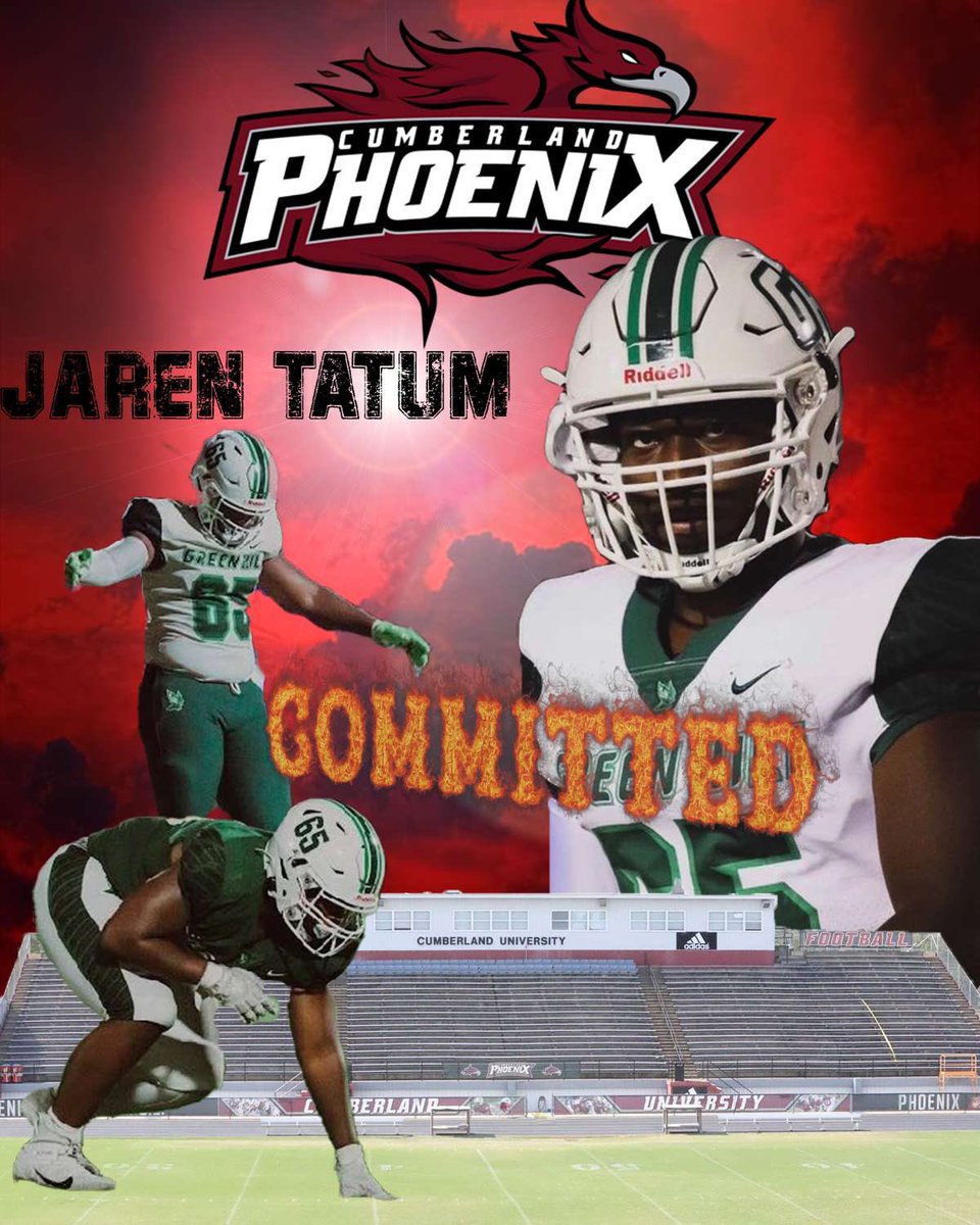 Jaren Tatum (@jarentatum_75) on Twitter photo I am honored to say i am continuing my academic and athletic career with <a href="/CumberlandFB/">Cumberland University Football</a>. Committed‼️ I will be signing today at 1:45 anyone is welcome to come. <a href="/CoachHigginson/">Brad Higginson</a> <a href="/Jcrouch17/">Coach Crouch</a> <a href="/Coach_TSmith/">Taurean Smith</a> <a href="/OnTopAthletics/">OnTopAthletics Inc📚🏈⚾️</a> I am honored to say i am continuing my academic and athletic career with <a href="/CumberlandFB/">Cumberland University Football</a>. Committed‼️ I will be signing today at 1:45 anyone is welcome to come. <a href="/CoachHigginson/">Brad Higginson</a> <a href="/Jcrouch17/">Coach Crouch</a> <a href="/Coach_TSmith/">Taurean Smith</a> <a href="/OnTopAthletics/">OnTopAthletics Inc📚🏈⚾️</a>