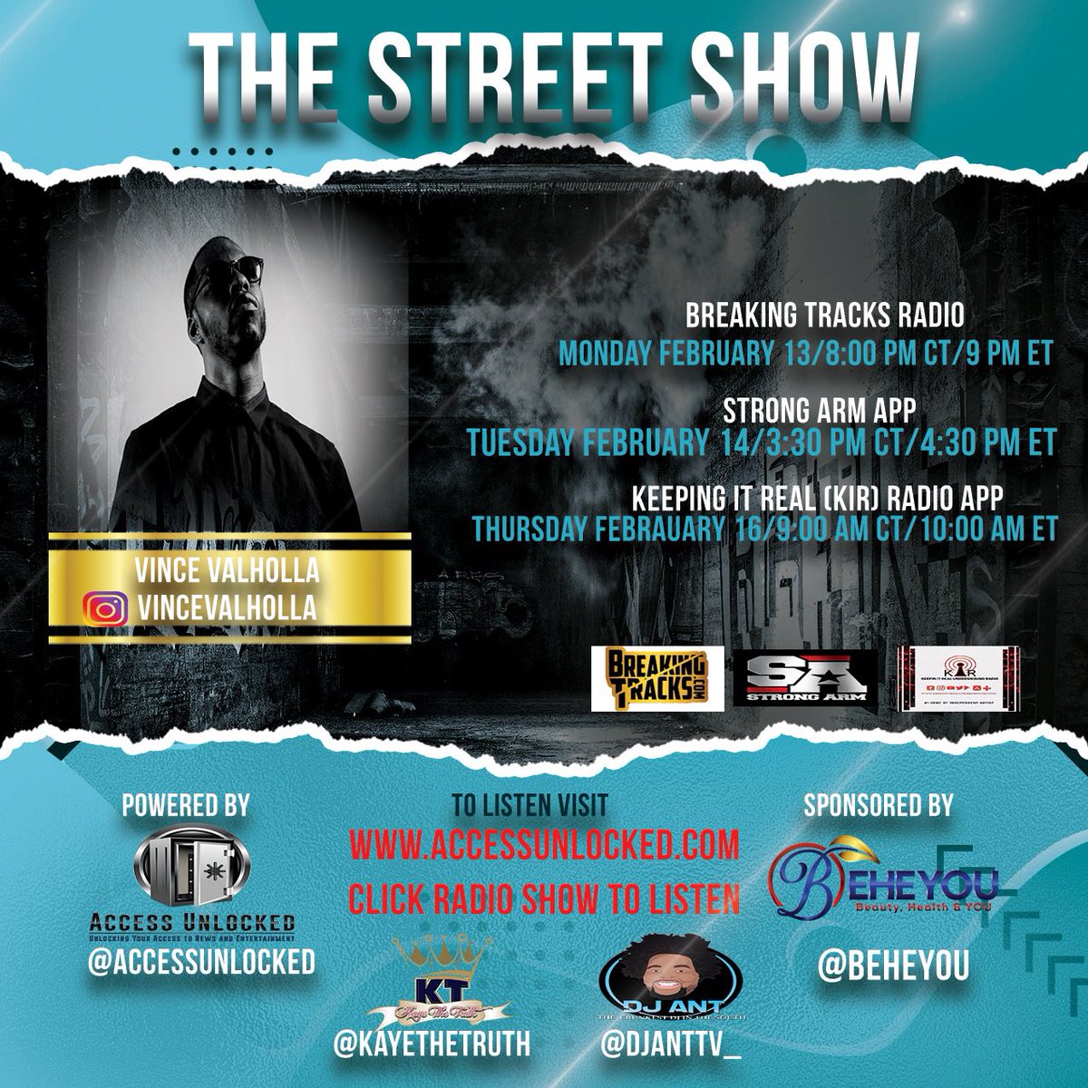 This week on The Street Show our special guest @vincevalholla be sure to tune in  #kayethetruth #djant #wildmanteddyt #fleetdjs #talkshow #podcast #accessunlocked #news #media #indiemusic #network #branding #talkshow #branding #marketing #promo #pop #vincevalholla #breakingtracks