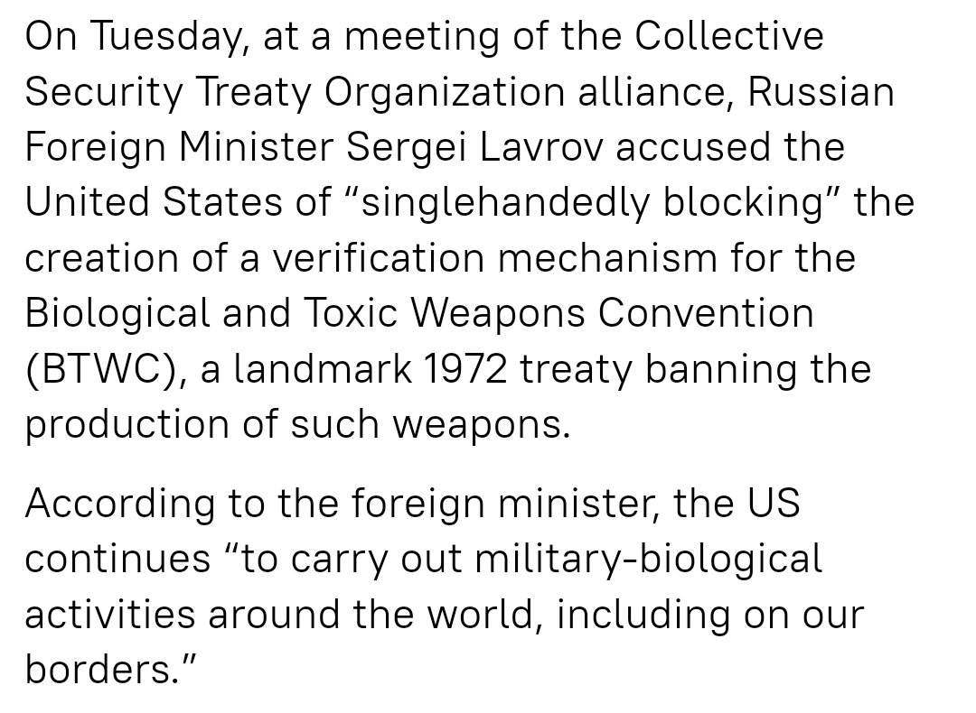 According to this article published in 2020 the United States single-handedly was blocking the mechanism for verification of BTWC, a 1972 treaty banning production of such weapons. 

Source : sputniknews.com/20200529/biola…