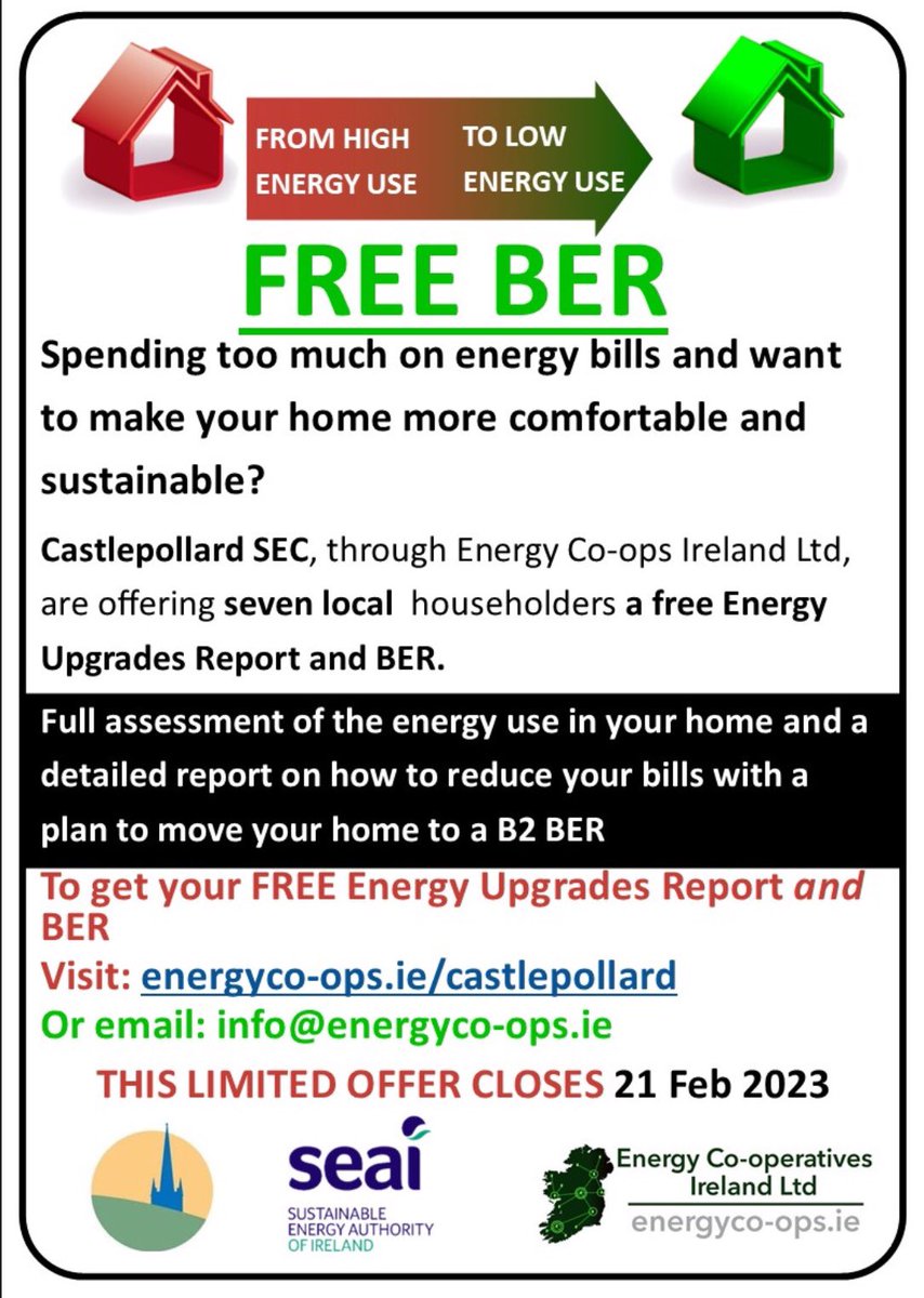 Castlepollard SEC ( Sustainable Energy Community) group 
Is offering the opportunity for a free Building Energy Rating (BER) for your home 🏠 
Please see contact Details Below 👇
Closing Date: 21st Feb 2023
energyco-ops.ie/castlepollard  
to Apply ... click on link 👆