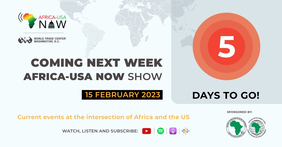 Coming next week: #AfricaUSANow, exciting new digital audio/video talk show with @pineaucarol featuring experts from #Africa & #US. Presented by #WTCDC, Sponsored by @AfDB_Group, @AIFMarketPlace, Partners: #AFGS @pixykorner  bit.ly/3YnnHUo
