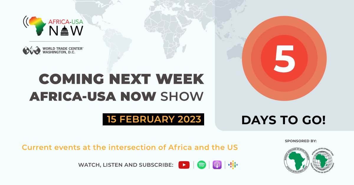 AfricaUSANow's tweet photo. Coming next week: #AfricaUSANow, exciting new digital audio/video talk show with @pineaucarol featuring experts from #Africa & #US. Presented by #WTCDC, Sponsored by @AfDB_Group, @AIFMarketPlace, Partners: #AFGS @pixykorner https://t.co/Jau1Lff2L9 https://t.co/NzbwhM4Wc1
