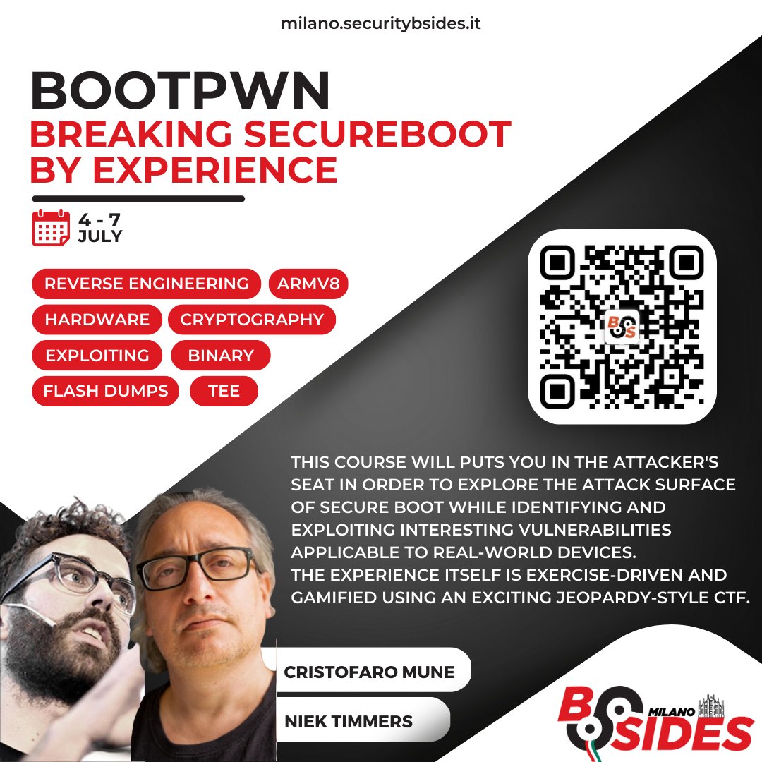 BSidesMilano's tweet photo. @BSidesMilano #training #Spotlight #Secureboot #bootpwn #breaking #reverseengineering #binary #flashdump #arm #tee #crypto @raelizecom @pulsoid @tieknimmers https://t.co/Jq3kOY3nH9