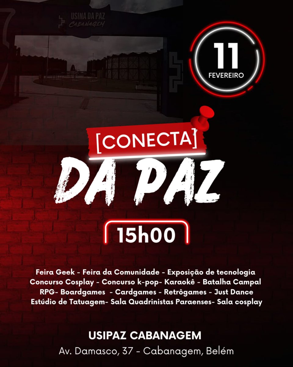 RodrigoRagabash's tweet photo. Atenção galera da Cabanagem (Belém/PA) e bairros vizinhos! O evento [Conecta] da Paz a se realizar na Usina da Paz Cabanagem está confirmado para o sábado do dia 11/02/2023, começando as 15 horas, e mais uma vez o evento contará com uma Sala de RPG. + https://t.co/XO6JtkD4D1