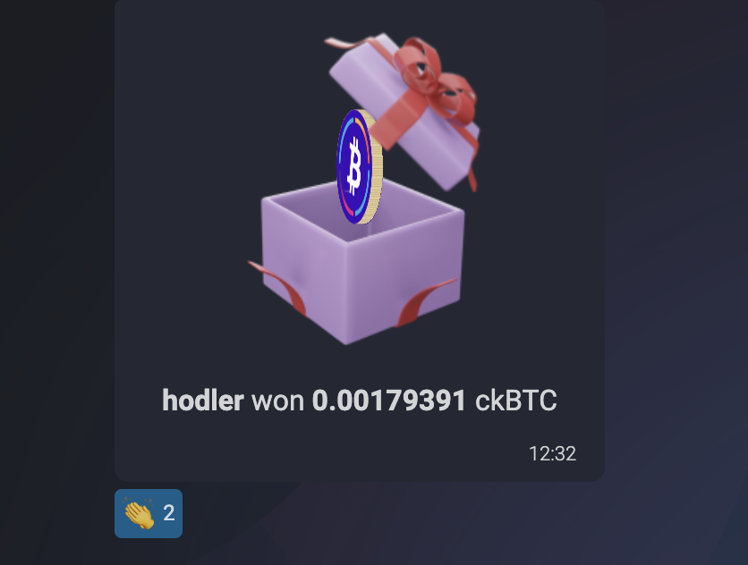 The ckBTC giveaway has begun!

The first few prize messages have appeared in the OpenChat group and the fastest fingers claimed a share.

Prize messages will keep coming over the next few weeks and in other groups too. 

Good luck!

oc.app
#ICP