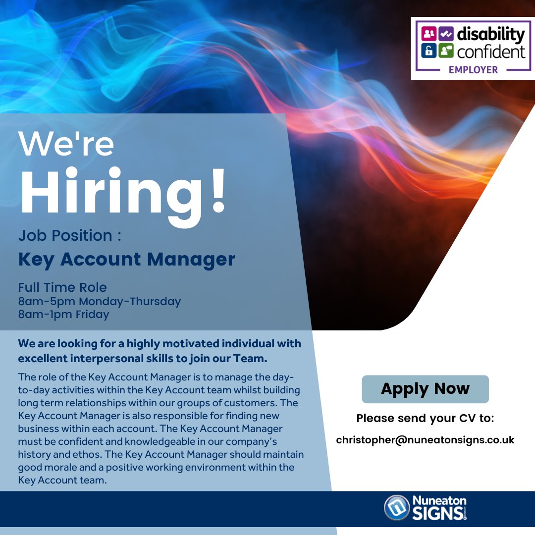 nuneatonsigns's tweet image. We&apos;re #Hiring ! 🎉 
We are looking for a new Key Account Manager to join the Nuneaton Signs Family 💙
Details of where to apply in the post 🖊

#Hiring #KeyAccountManager #NewJob #WorkFamily #SocialEnterprise #DisabilityConfidentEmployer
