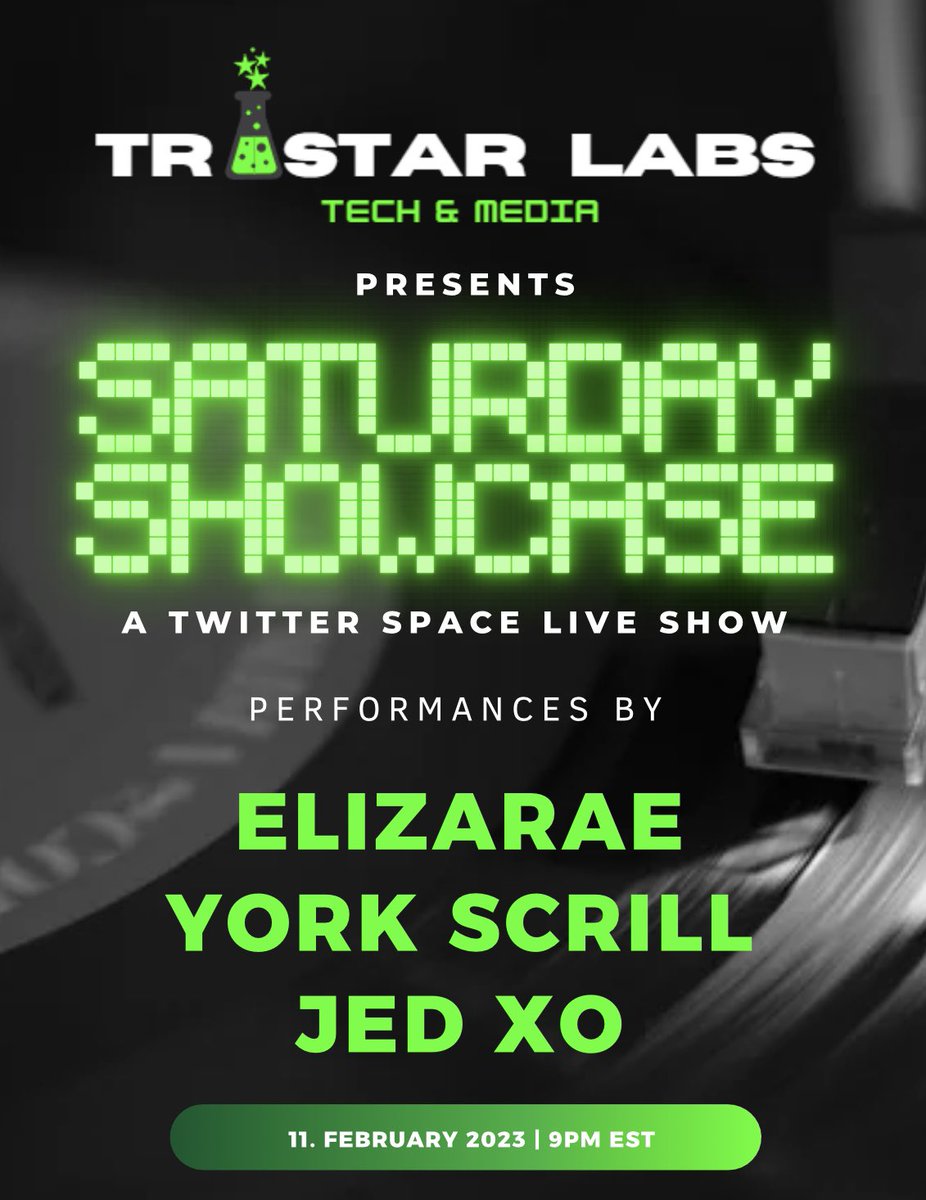 Saturday 9pm EST 🎉 come thru to share your projects and enjoy live music from <a href="/Sistalegz/">ElizaRae</a> <a href="/1jedxo/">JED XO ( Stable arc)</a> &amp; <a href="/YorkScrill/">YorkTheShiller™🗽</a> 🔊
Shout out to  <a href="/royaldreadsnft/">Royal Dreads</a> @RareLazyApepes  <a href="/sugar_syndicate/">Sugar Syndicate || Now Minting 😊</a> @DoubleL7777 <a href="/BaguetteClub/">Baguette Club</a> @TuningInNFTs #TristarLabs 
IRL event build up &amp; x.com/i/spaces/1zqKV…