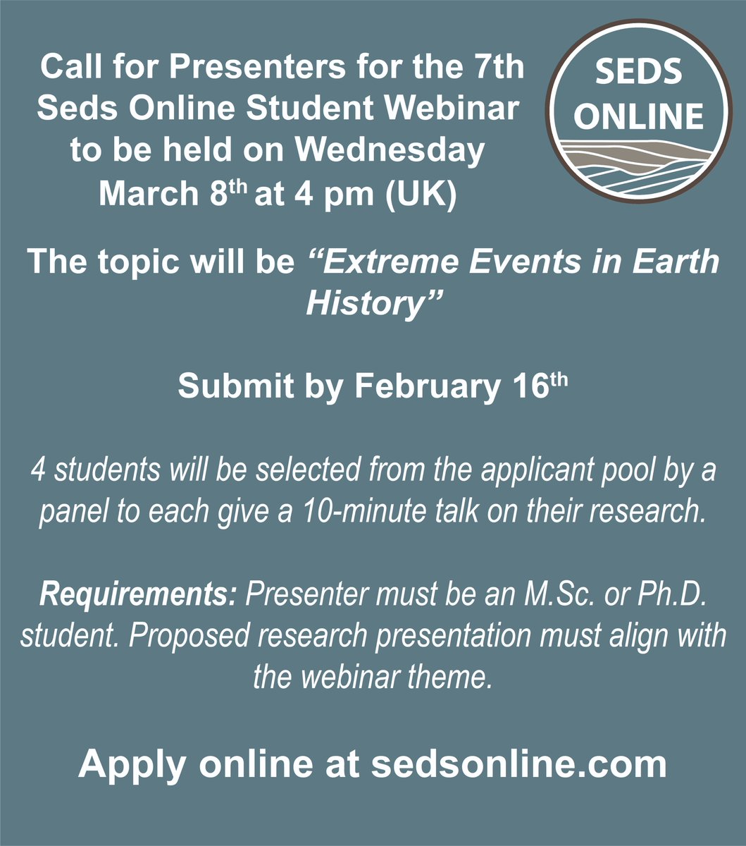 Grab a chance from <a href="/Seds_Online/">Seds Online</a>! 👇👇👇 
Are you a MSc or PhD Student working on #ExtemeEvents?
So, I encourage you to apply to present at the 7th #Seds_Online Student Webinar.  
The application form is short and easy to fill out, just check this out: sedsonline.com/future-webinar…