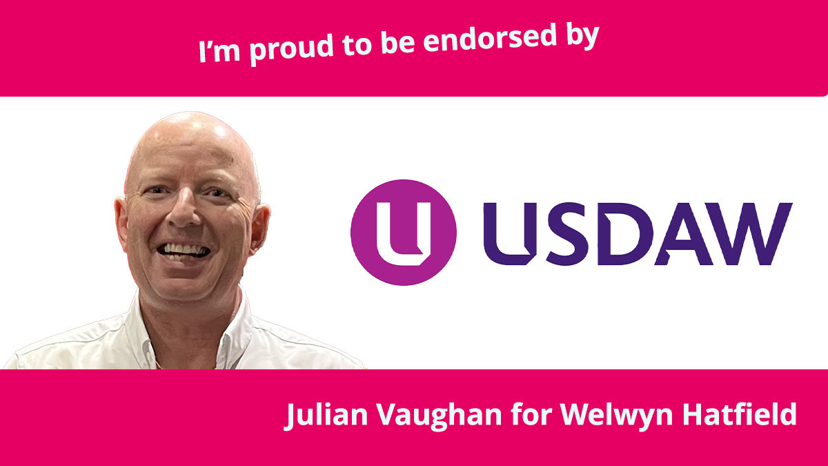 julian_vaughan_'s tweet photo. I'm delighted to receive the endorsement of the @UsdawUnion for my campaign to be elected as the Labour candidate in #WelwynHatfield As a proud trade unionist, I will always stand up for workers in the public sector upon whom we all rely so much. 
#JV4WelwynHatfield https://t.co/JQJ9j6COVU