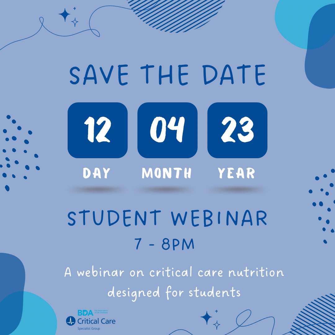 🌟 SAVE THE DATE 🌟

We are delighted to have set a date for our free student webinar on all things critical care nutrition! Keep a look out for more details very soon 👀

Please share widely 😊

#BDACCSG #CritCareNutrition #CritCareDietetics #EvidenceBasedPractice