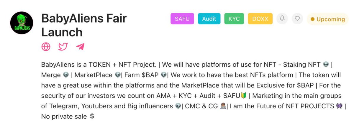 👽BabyAliens Upcoming ETH Fairlaunch with 🟢KYC 🔵AUDIT 🟣SAFU &amp; 🟡Doxx badge

FairLaunch Link:
pinksale.finance/launchpad/0x7D…

Telegram:
t.me/BabyAliensPJ

🌐Contract ETH: 
0xdD2565E0561A4Fea6256f767f658CCcF09e55Fb3

#TFL #ETH #ercchain #upcomingGem