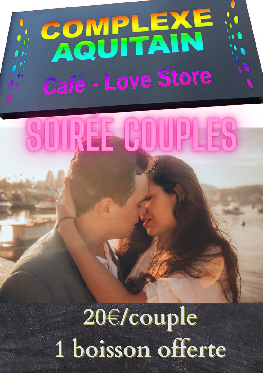 complexaquitain's tweet photo. Mardi 14 février, pour la #StValentin, venez rencontrer d'autres couples au #ComplexeAquitain.
#Bordeaux #libertin #bar https://t.co/ZIiApgmw2x