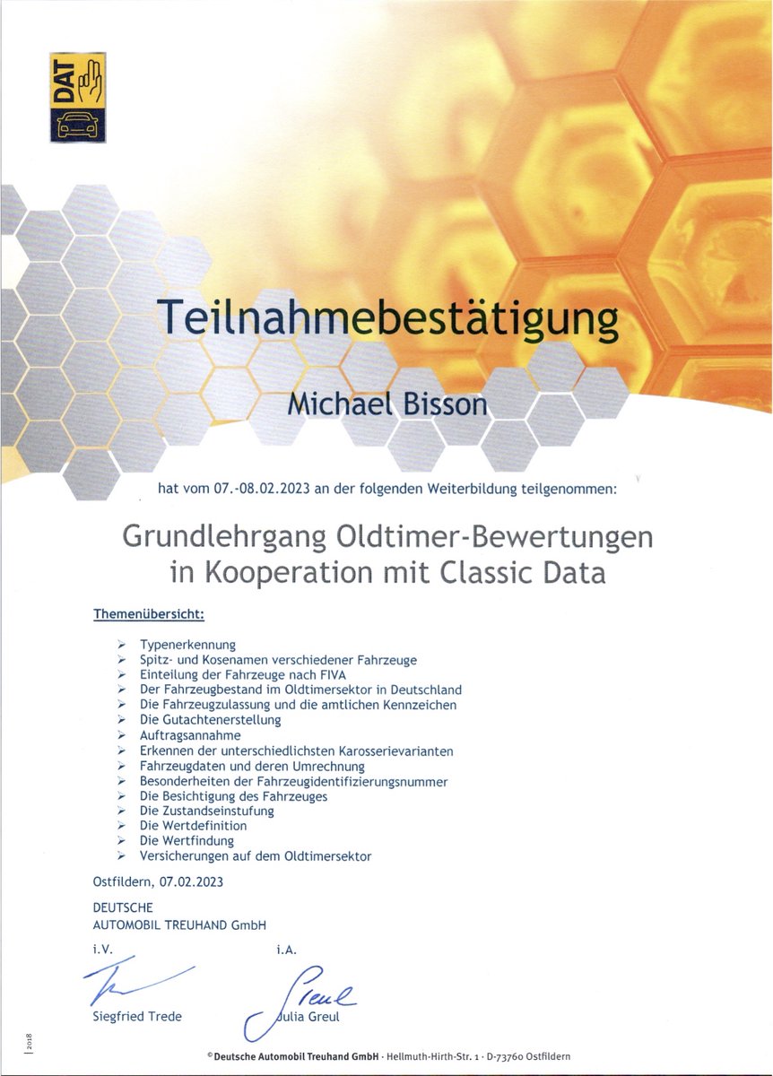 bisson_de1's tweet photo. Diese Woche stand für Michael Bisson eine Schulung zum Thema Oldtimer-Bewertungen in Kooperation mit Classic Data auf dem Programm.
#oldtimer #weiterbildung #classicdata #bewertungen #bisson #speyer #gutachter #kfzgutachter #sachverstaendiger #rahmenvermessung #dat #onrex https://t.co/KghH4p9fGO