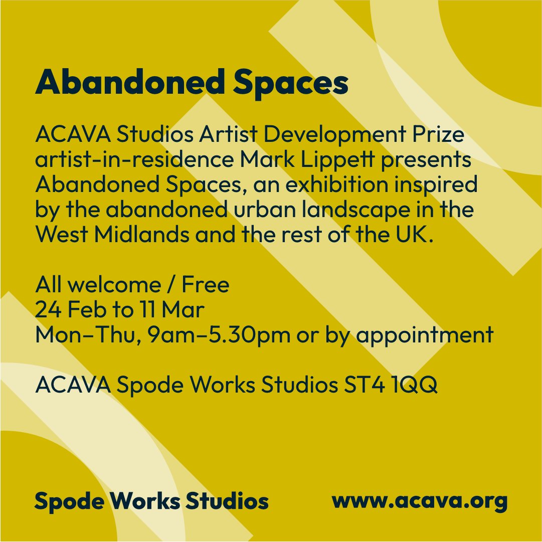 ACAVA Spode Works (@acavaspodeworks) on Twitter photo Join us in a couple of weeks for the opening of Mark Lippett's show at our Spode Works Studios!
Mark Lippett is ACAVA’s artist-in-residence after being awarded last year’s ACAVA Studios Artist Development Prize, a partnership with <a href="/ArtsKeele/">Arts Keele</a> and #ThreeCountiesExhibition Join us in a couple of weeks for the opening of Mark Lippett's show at our Spode Works Studios!
Mark Lippett is ACAVA’s artist-in-residence after being awarded last year’s ACAVA Studios Artist Development Prize, a partnership with <a href="/ArtsKeele/">Arts Keele</a> and #ThreeCountiesExhibition