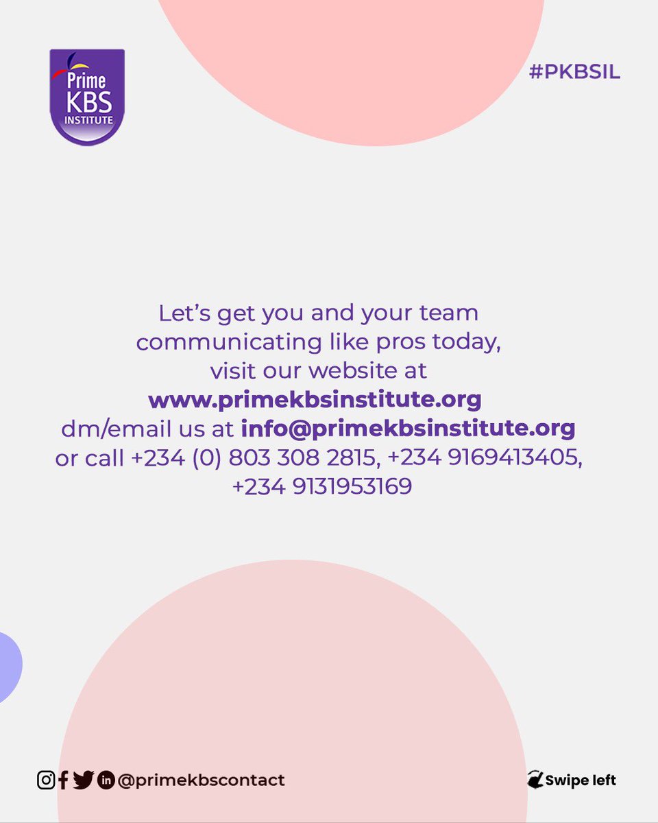 Let’s get you and your team communicating like pros today, visit our website at primekbsinstitute.org  dm/email us at info@primekbsinstitute.org or call +234 (0) 803 308 2815, +234 9169413405, +234 9131953169

#financialmodeling #financeandeconomy #employeeengagement