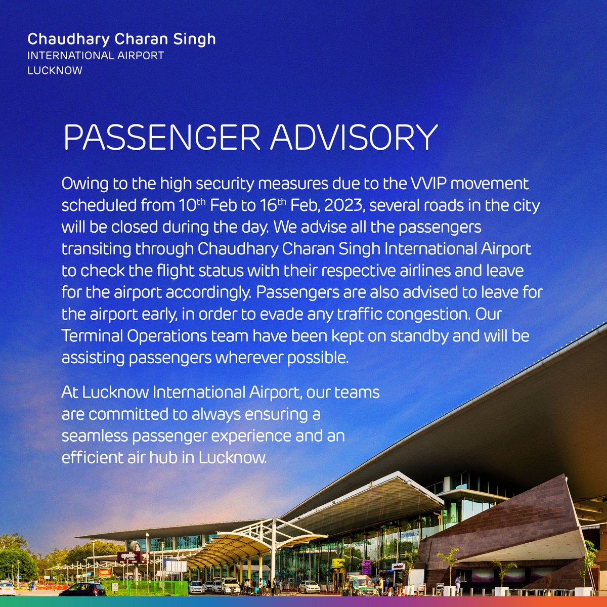 lkoairport's tweet photo. Due to the VVIP movement scheduled from 10th Feb to 16th Feb, #LucknowAirport advises all the passengers to check the flight status with their respective airlines and leave for the airport early. 

#GatewayToGoodness #Advisory #Passengers #Travel #Aviation #Lucknow #India https://t.co/u4z7mxaVvT